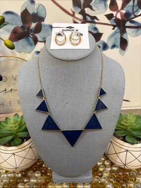 Francesca’s Navy Geometric Triangle Necklace with Sonoma Gold Hoops- Jewelry Set